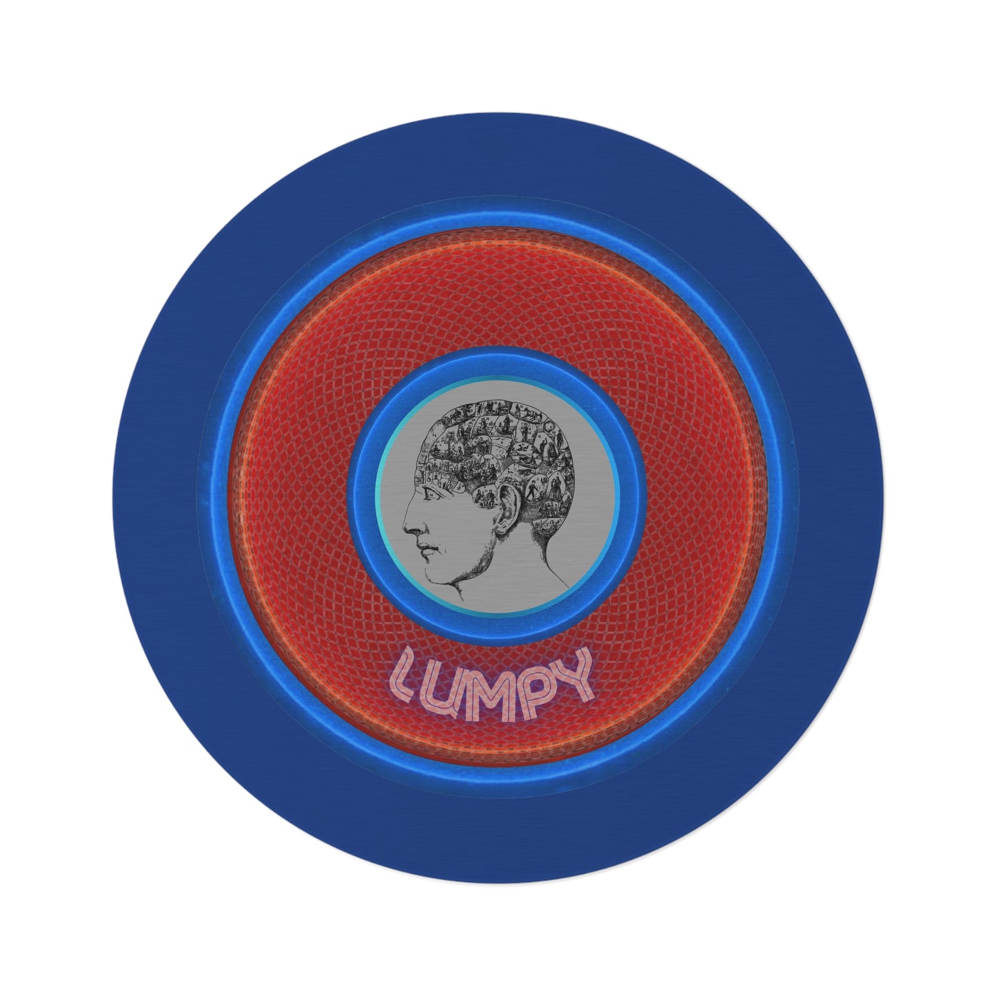 Round Room - 5 ft x 5 ft Lumpy Donut Rug - "The Lumpiest Donut Rug" - rustic blue/red donut w/dark navy background - variant 1