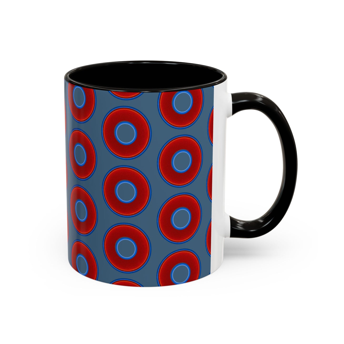 Lump's Grumpy Coffee Mug - vivid red donuts w/steel blue background