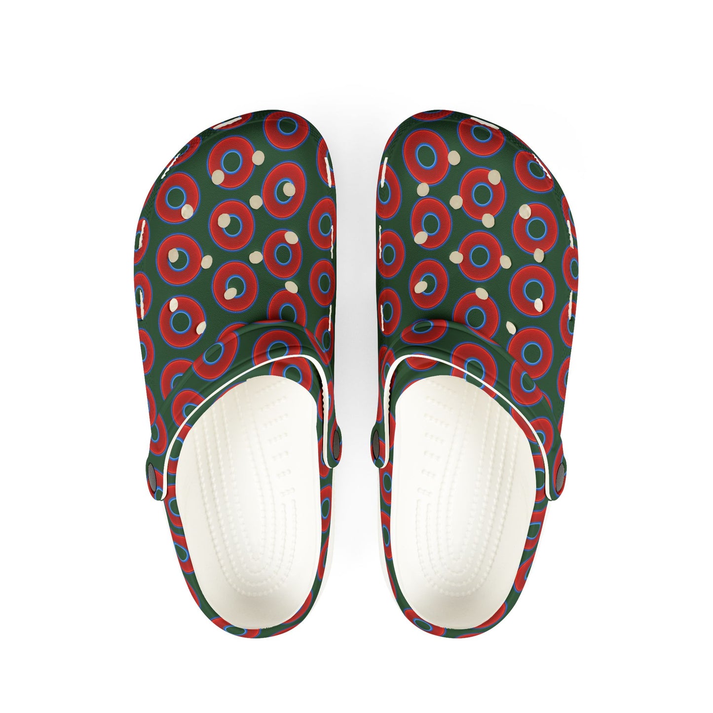 Spatchcocks - donut slip-on shoes - vivid red donuts w/deep pond green background [unisex]
