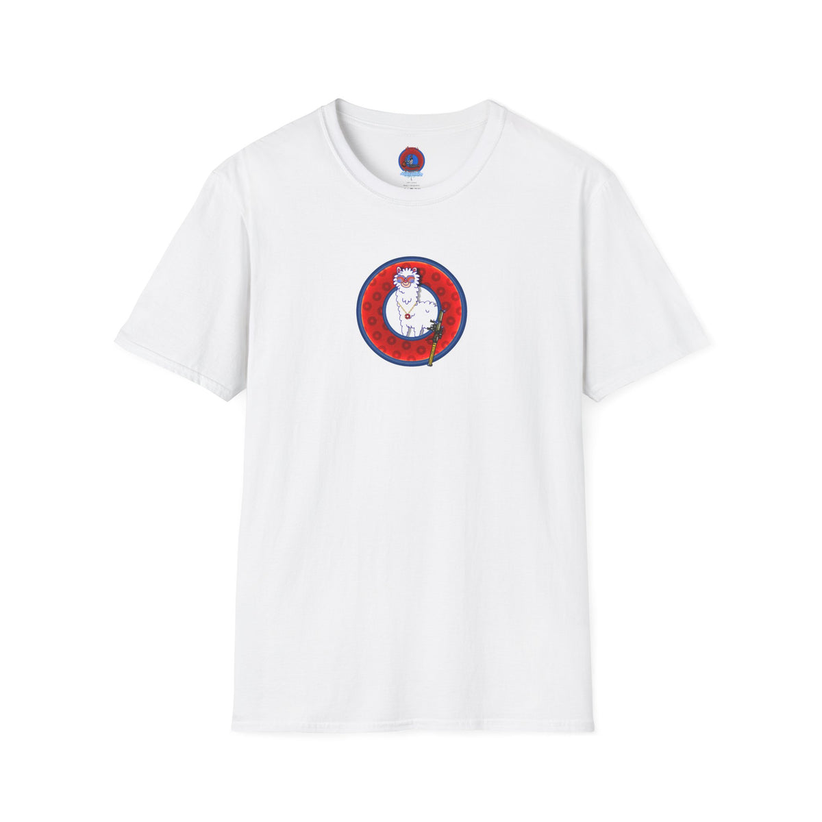 Classic Donut Tee - Unisex Soft-Style - "Medium Paced Llama Donut" - red/blue widemouthed paradox donut