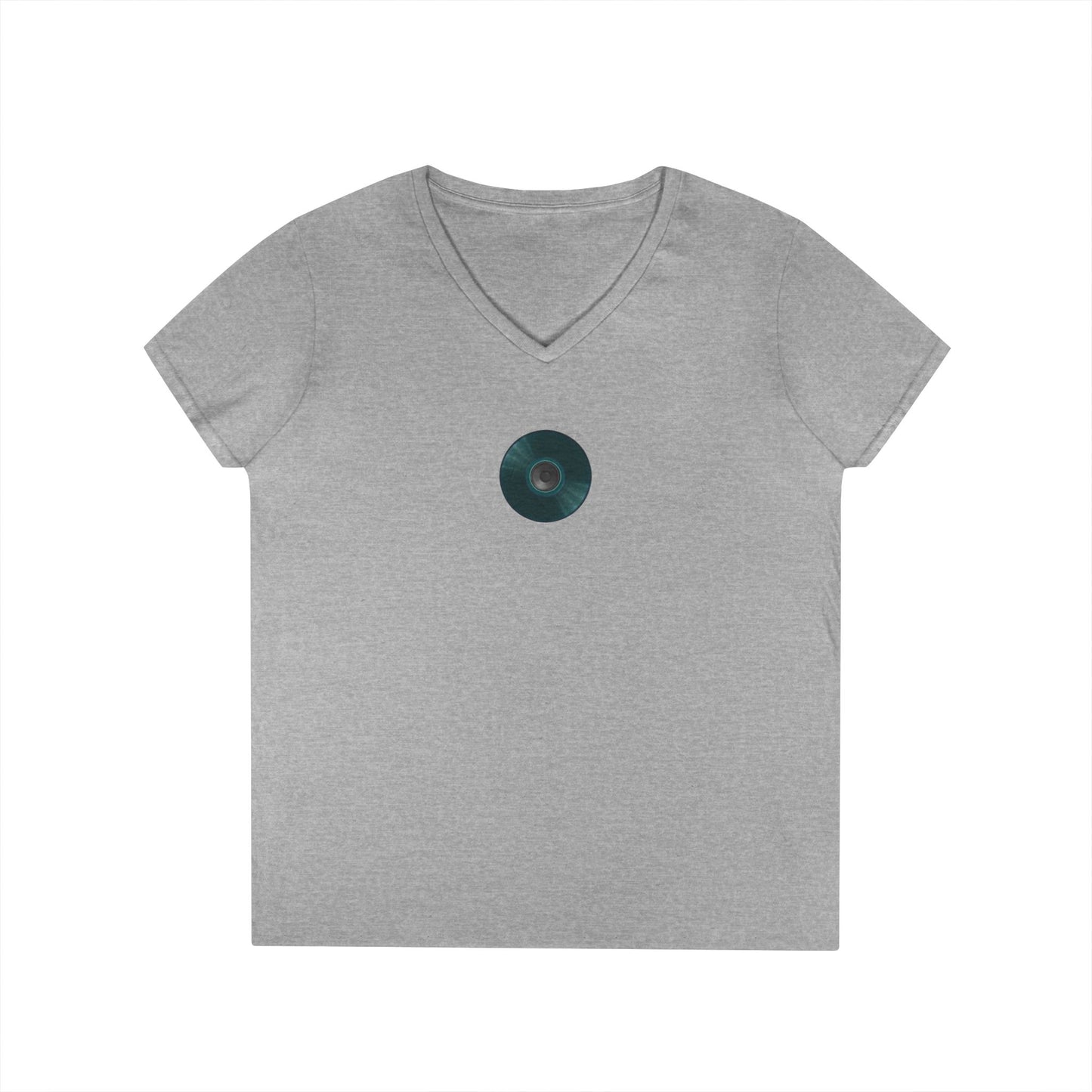 Women's Donut V-Neck Tee - "Speaker Donut" - vivid teal record donut w/