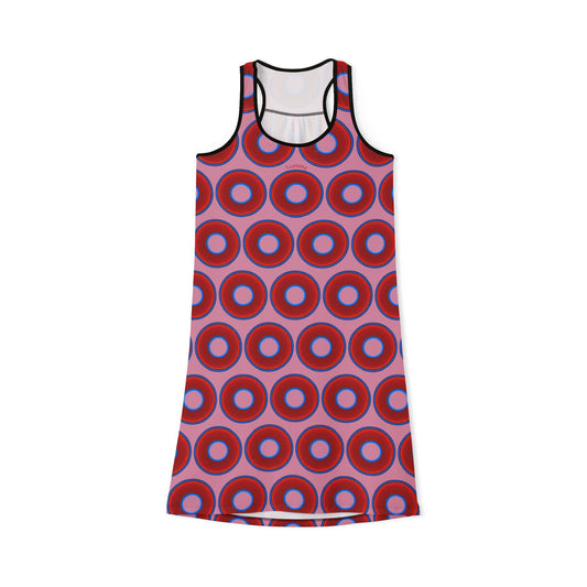 Tela's Lumpy Racerback Donut Dress - red vivid donut print w/pale magenta background