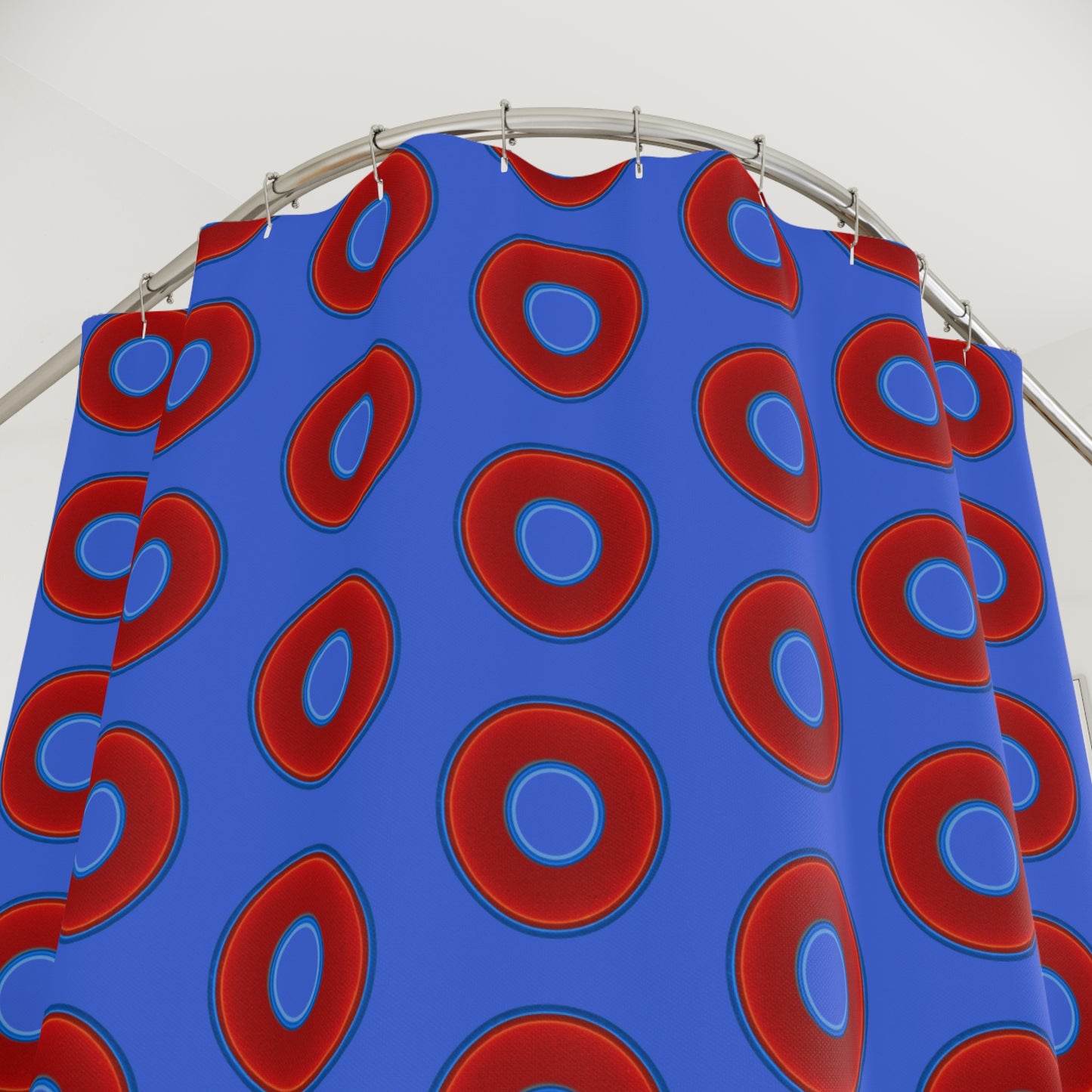 The Curtain With "Donuts" - Lumpy Bath Time Fun - vivid red donuts w/royal blue background