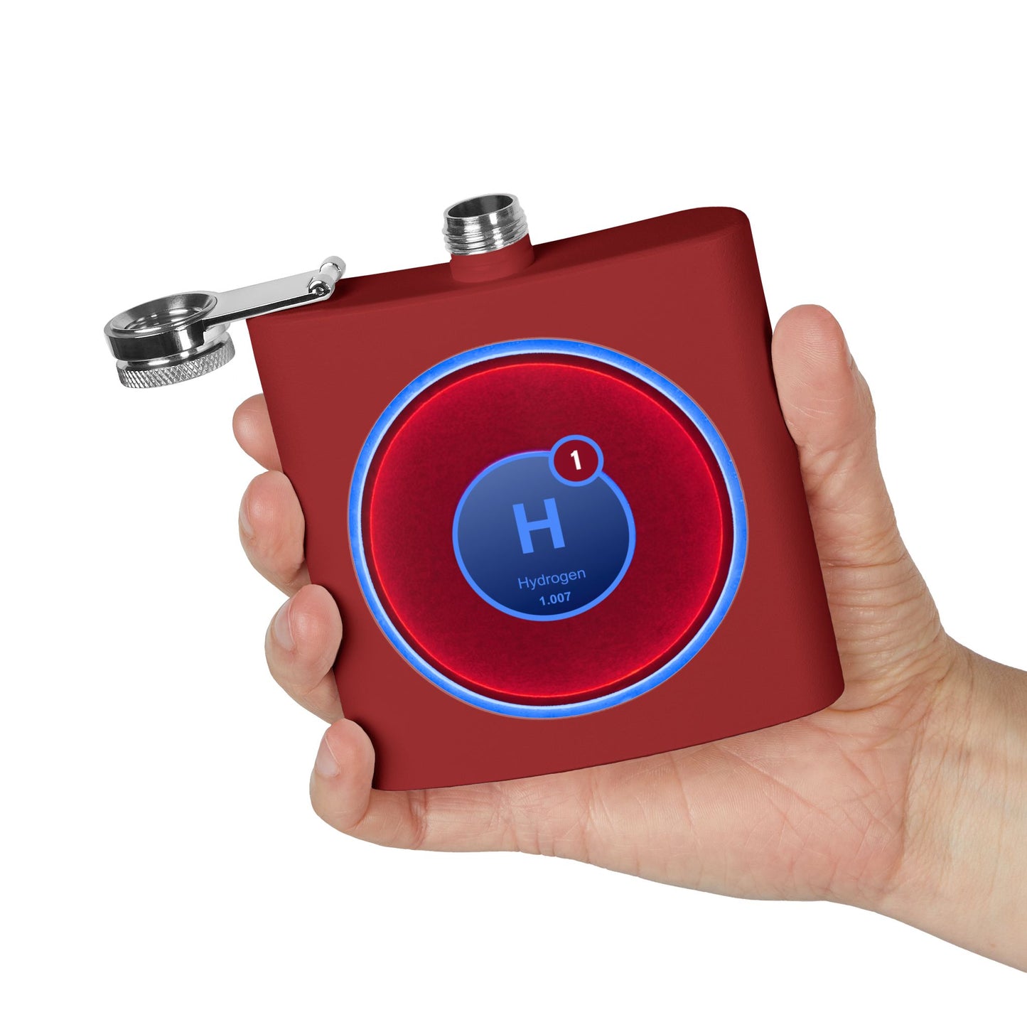 Lump's Donut Flask 6 oz -  "Flask full of Hydrogen" - vivid red donut - [*w/your choice of 6 backgrounds]