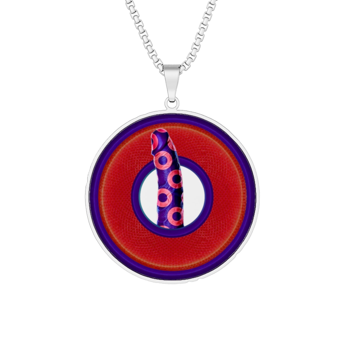 Lump's Heady Donut Necklace - 1" x 1" Stainless Steel Pendant - "Sir Richard's Phamous Donut Pendant" - red/dark blue rustic donut - variant 1