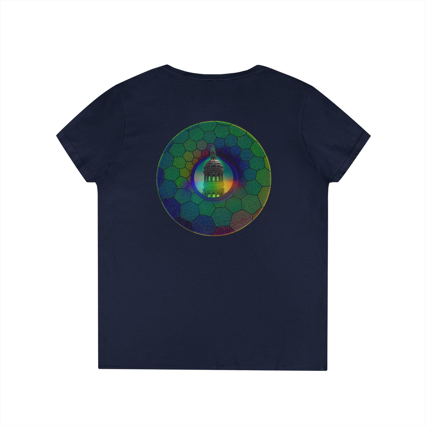 Women's Donut V-Neck Tee - "Save the Mondegreen City Hall Clock Tower" - variant 1 - green hexadonut w/