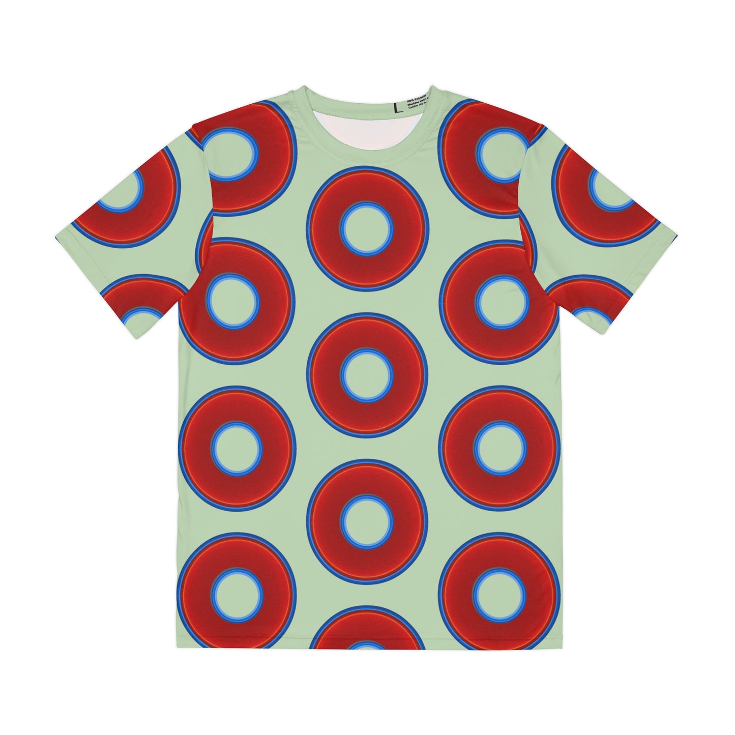 Multi-Beastie Giant Donut AOP Polyester Tee - red vivid donut print w/seafoam background
