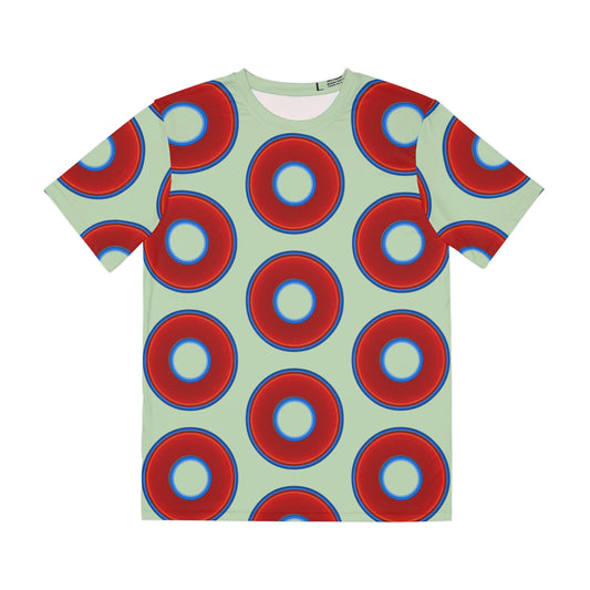 Multi-Beastie Giant Donut AOP Polyester Tee - red vivid donut print w/seafoam background