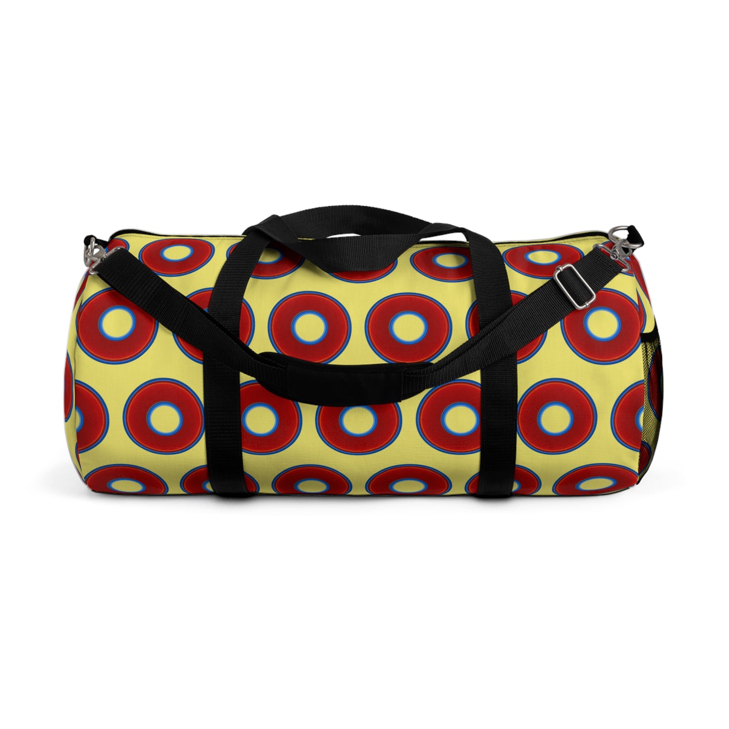 Lumpy Duffel - vivid red donuts w/yellow background