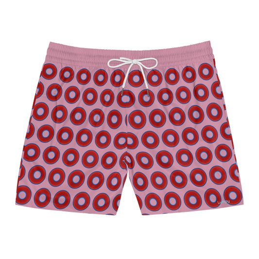 Men's Lumpy Swim Trunks - vivid red donut print w/pale magenta background