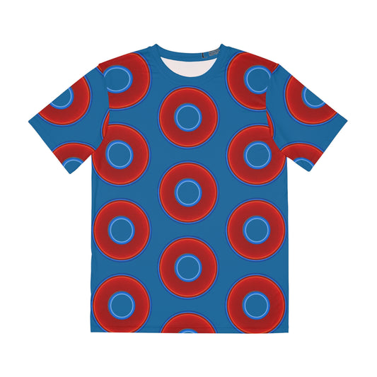 Multi-Beastie Giant Donut AOP Polyester Tee - red vivid donut print w/wavy navy blue background