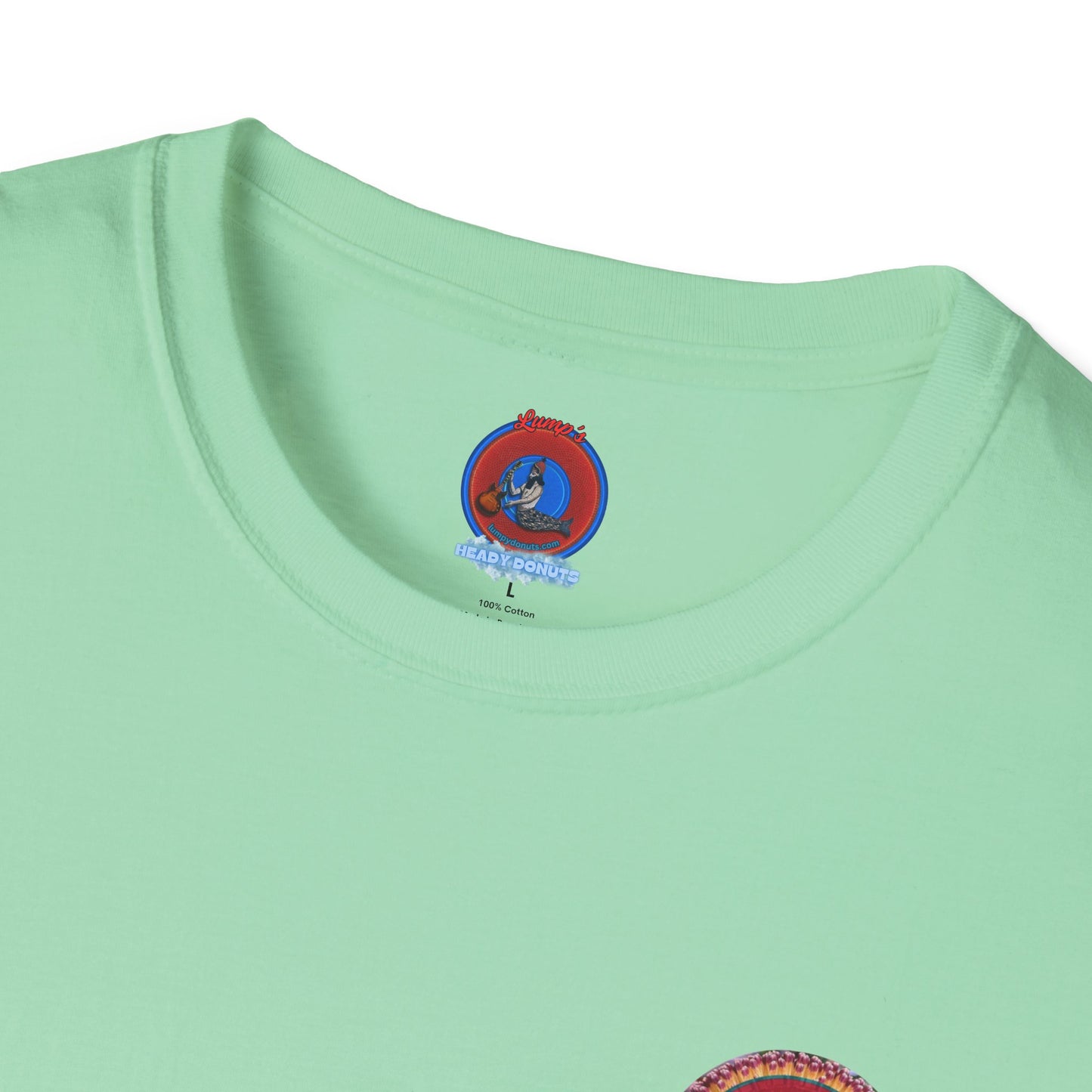 Classic Donut Tee - Unisex Soft-Style - "Smell the Donuts Outside on my Lawn"  " variant 2 - blue donut on red donut/flower