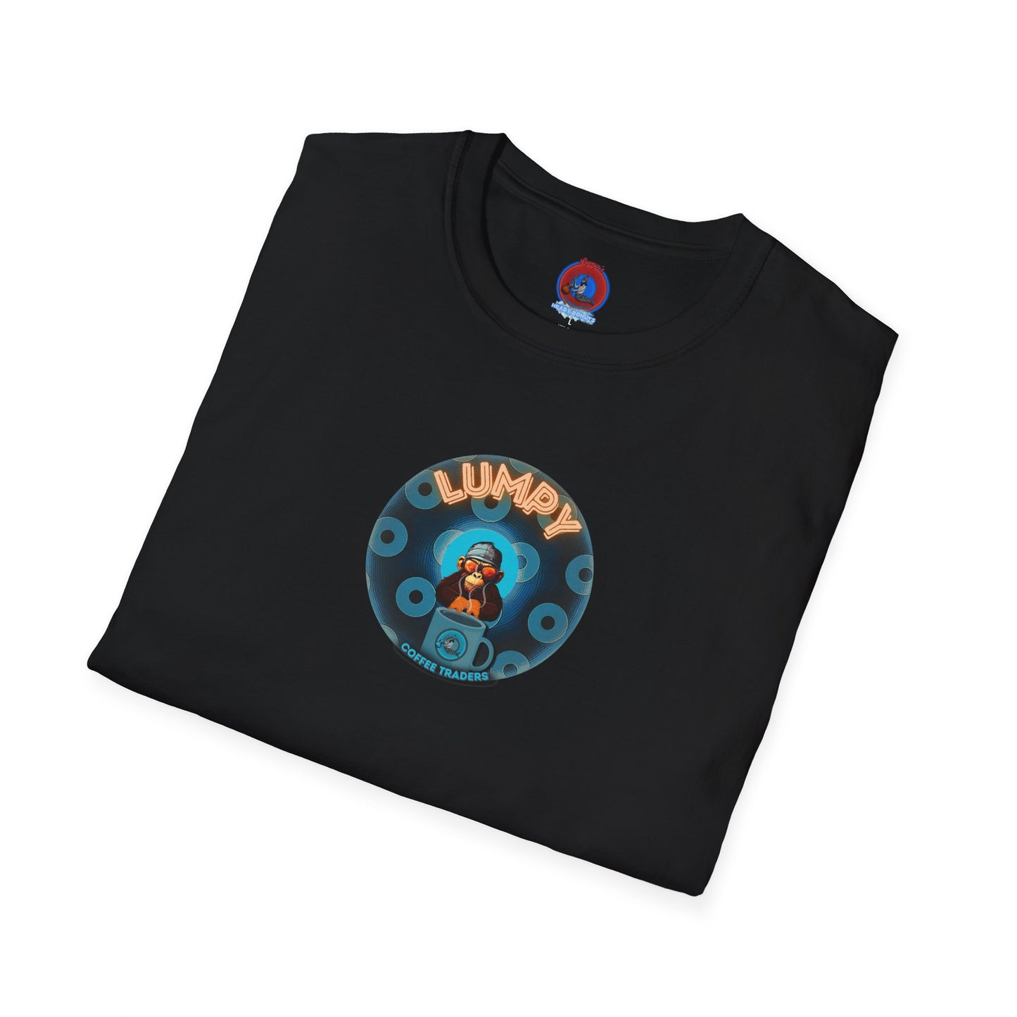Coffee Traders Tee - Unisex Soft-Style - "Tasty Coffee" - paradoxical donut/cubed blue donut - variant 2 - logo front/It's Ice Cube's back