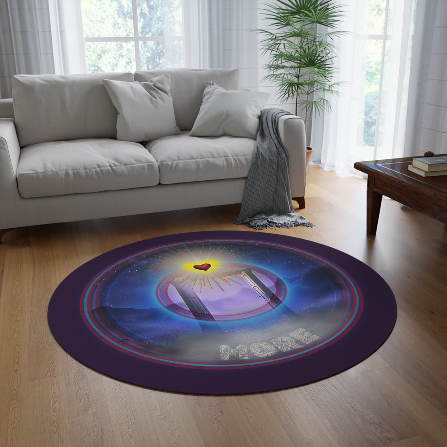 Round Room - 5 ft x 5 ft Lumpy Donut Rug - "The More Charitable Donut Rug" - vivid blue/red pic donut w/midnight purple background [*Charitable Donut]