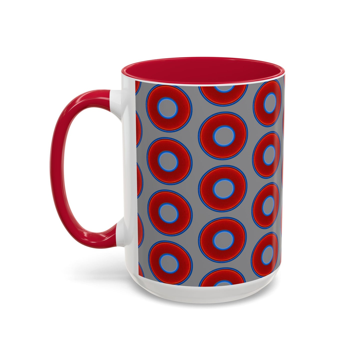 Lump's Grumpy Coffee Mug - vivid red donuts w/gray background