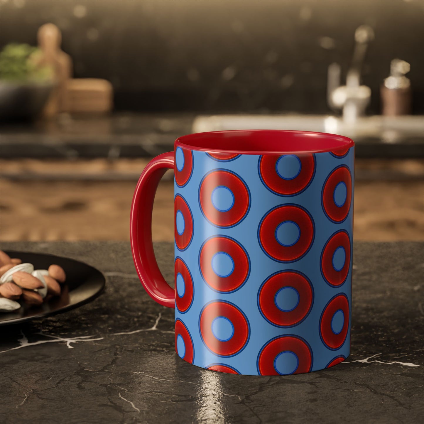 Lump's Grumpy Coffee Mug - vivid red donuts w/light blue background