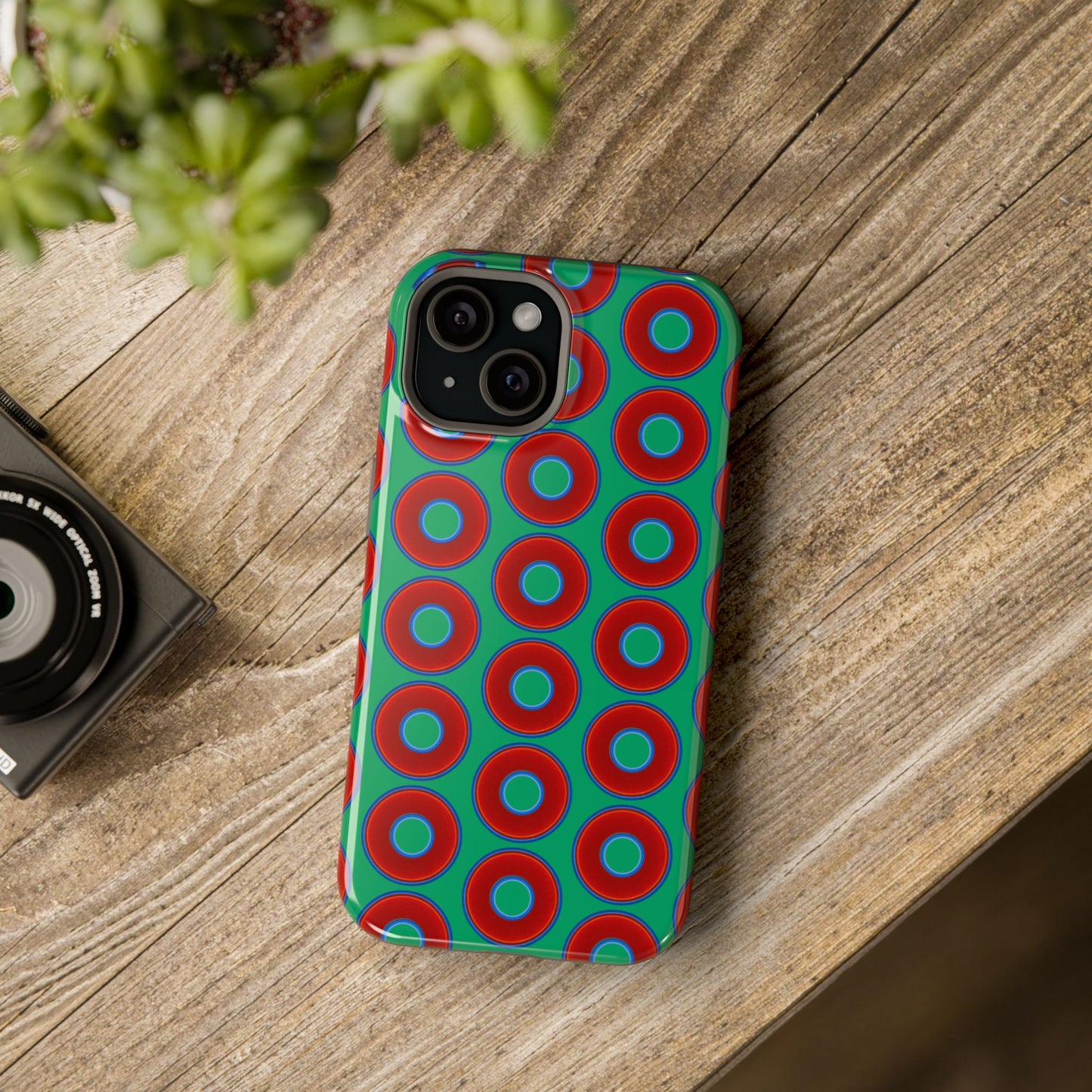 Magnetic Tough Donut Case - red vivid donut print w/jade green background