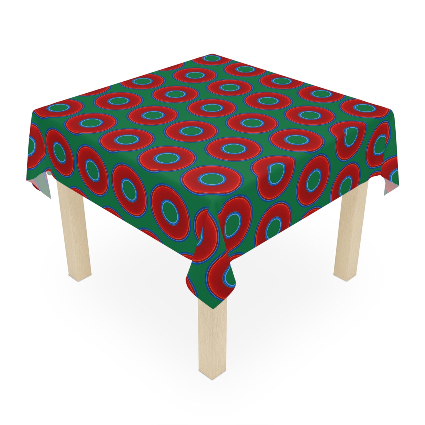 Lumpy Tablecloth - 55.1" x 55.1" - vivid red donuts w/green background