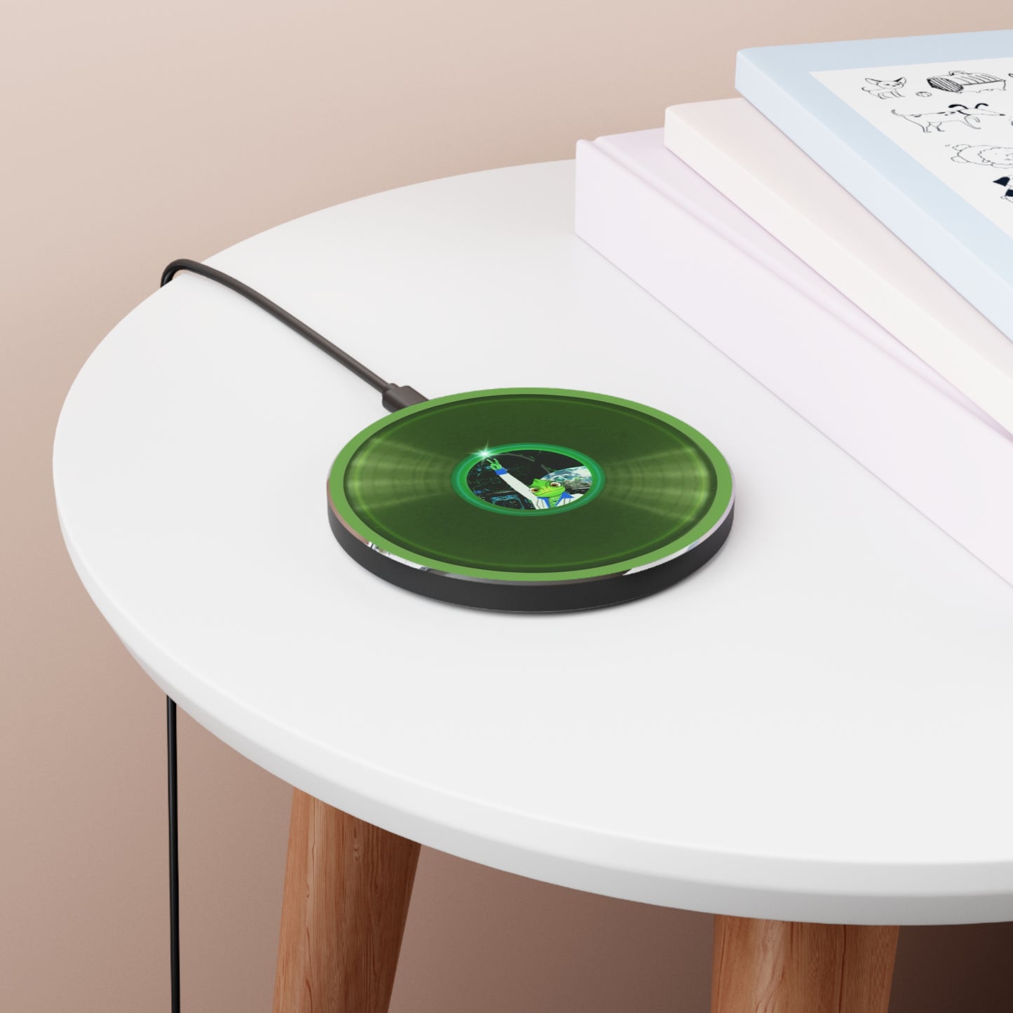 The Flow - Wireless Lumpy Donut Chargers - "Rutherford's Staying Alive via Wireless Power" - vivid green record donut w/light green background - variant 2