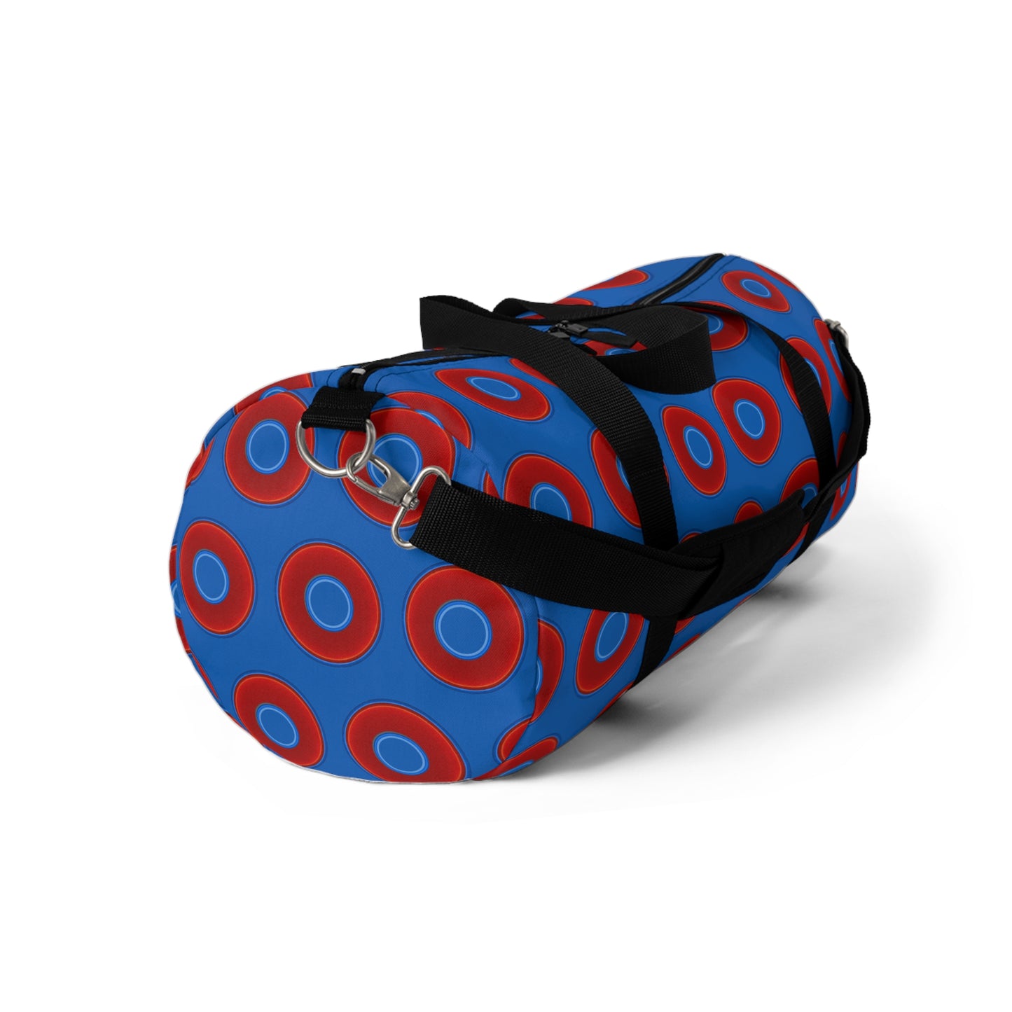 Lumpy Duffel - vivid red donuts w/dark royal blue background