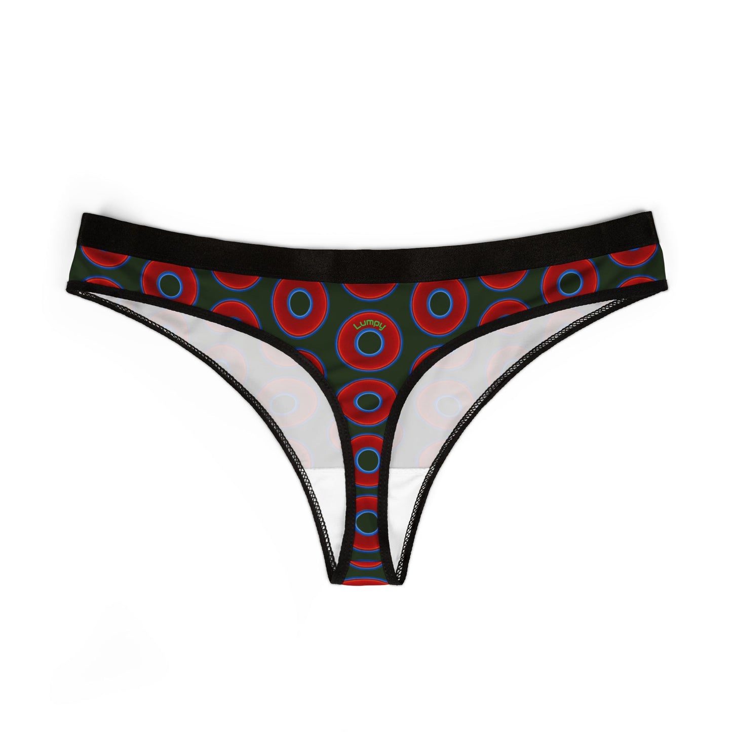 Lumpy Donut Thongs - red vivid donut print w/deep forest green background