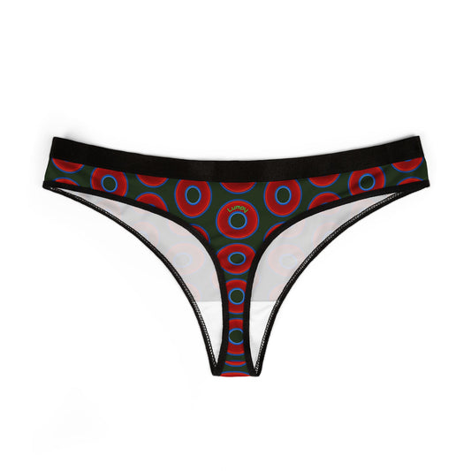 Lumpy Donut Thongs - red vivid donut print w/deep forest green background