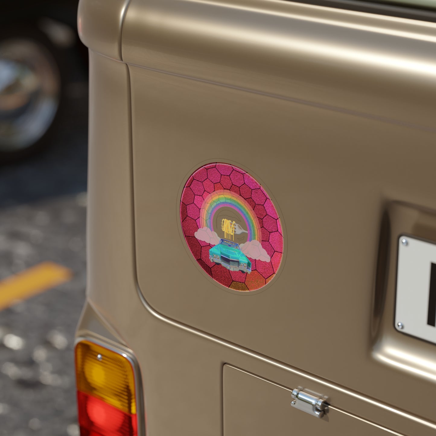 Donut Bumper/Outdoor Sticker - "Spaghetti Incident in my Caddy" - series 1.0 - variant - 2 - mint green caddy on magenta hexadonut - [Die-Cut] 6"x 6"
