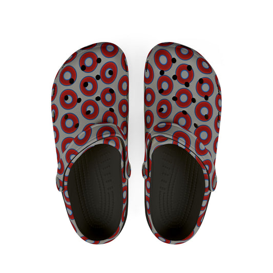 Spatchcocks - donut slip-on shoes - vivid red donuts w/gray background [unisex]