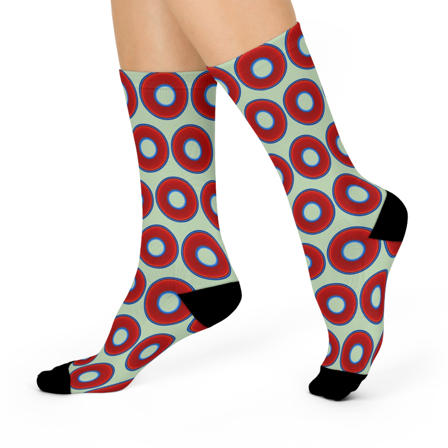 Lumpy Sox - cushioned crew - vivid red donut print w/seafoam background