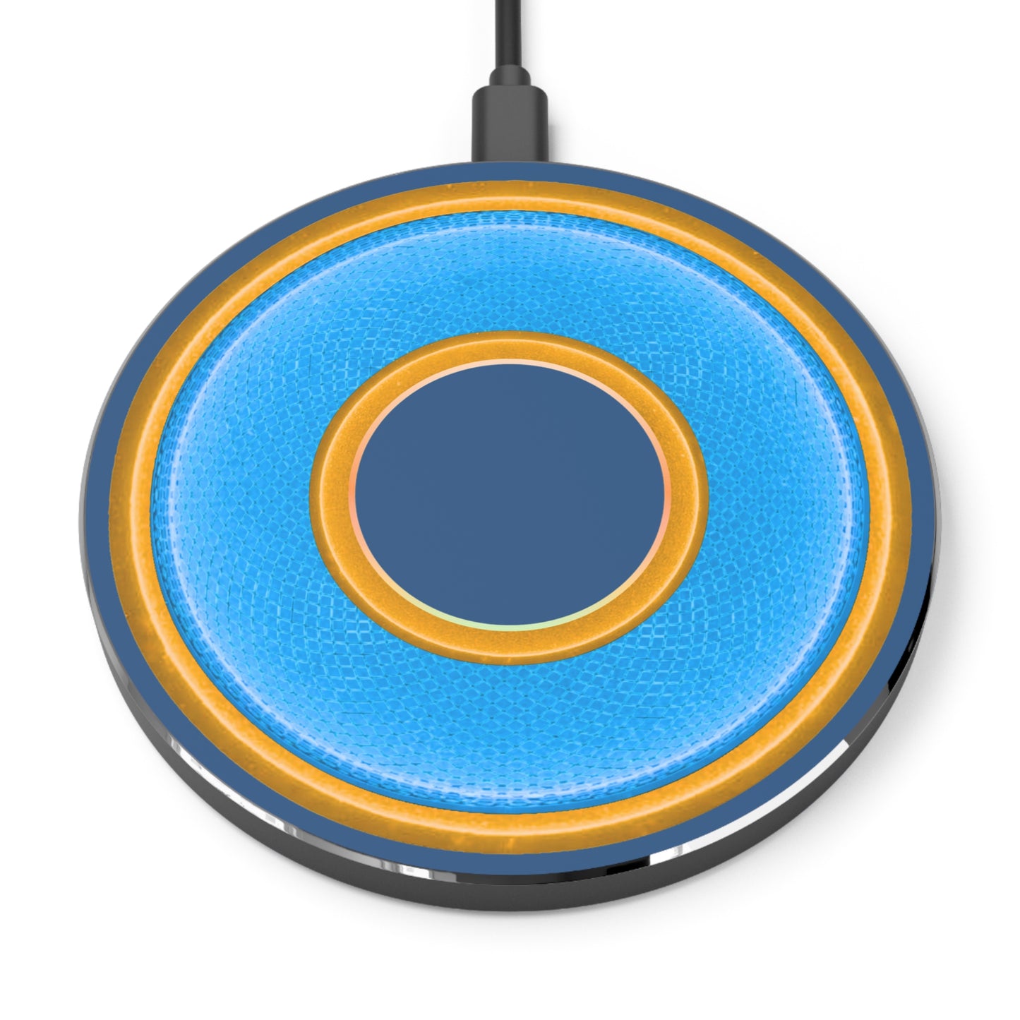 The Flow - Wireless Lumpy Donut Chargers - rustic light blue/yellow donut w/light navy background