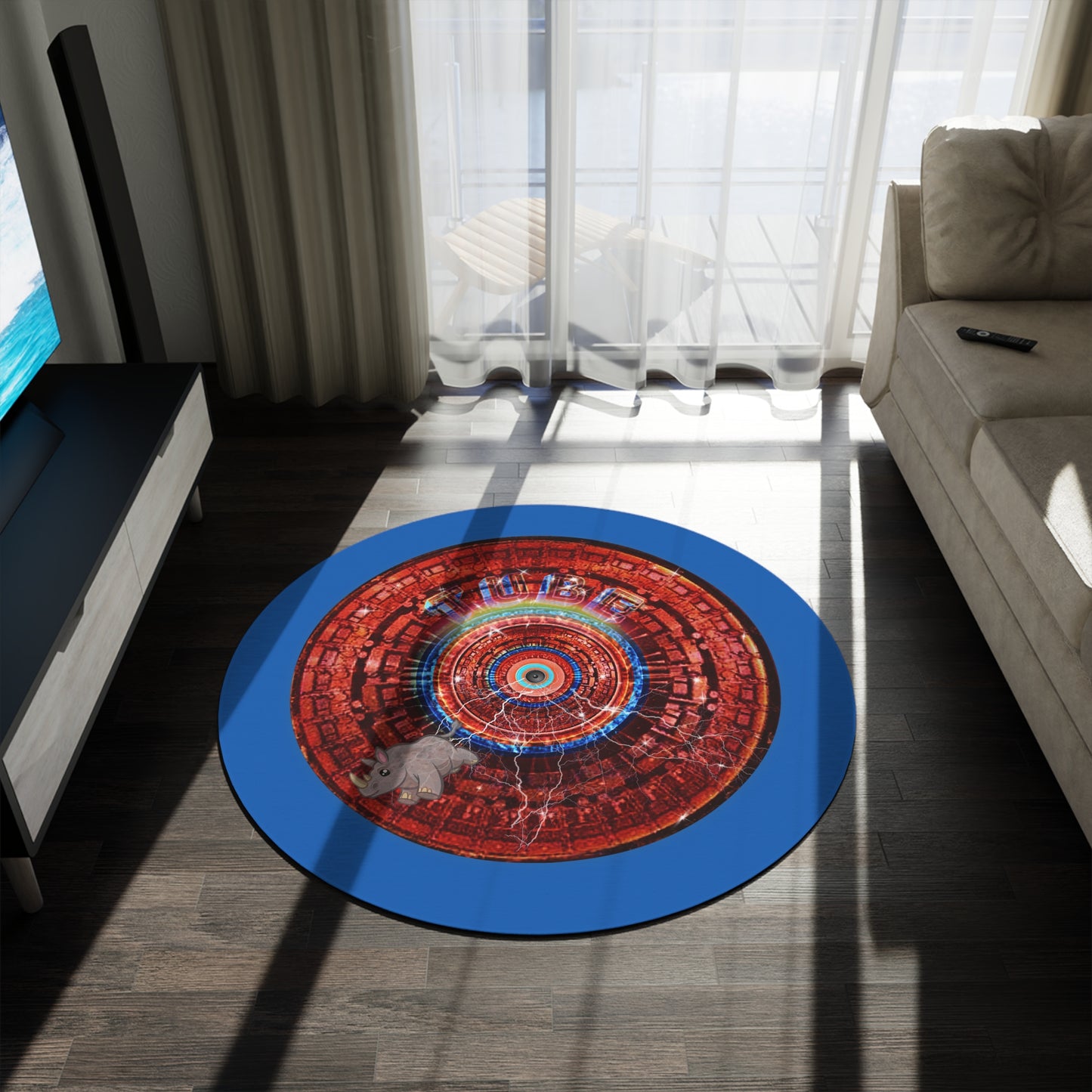 Round Room - 5 ft x 5 ft Lumpy Donut Rug - "Rhinos Do Run From Thunder & Donut Rugs" - vivid red/blue tube donut w/dark royal blue background - variant 2