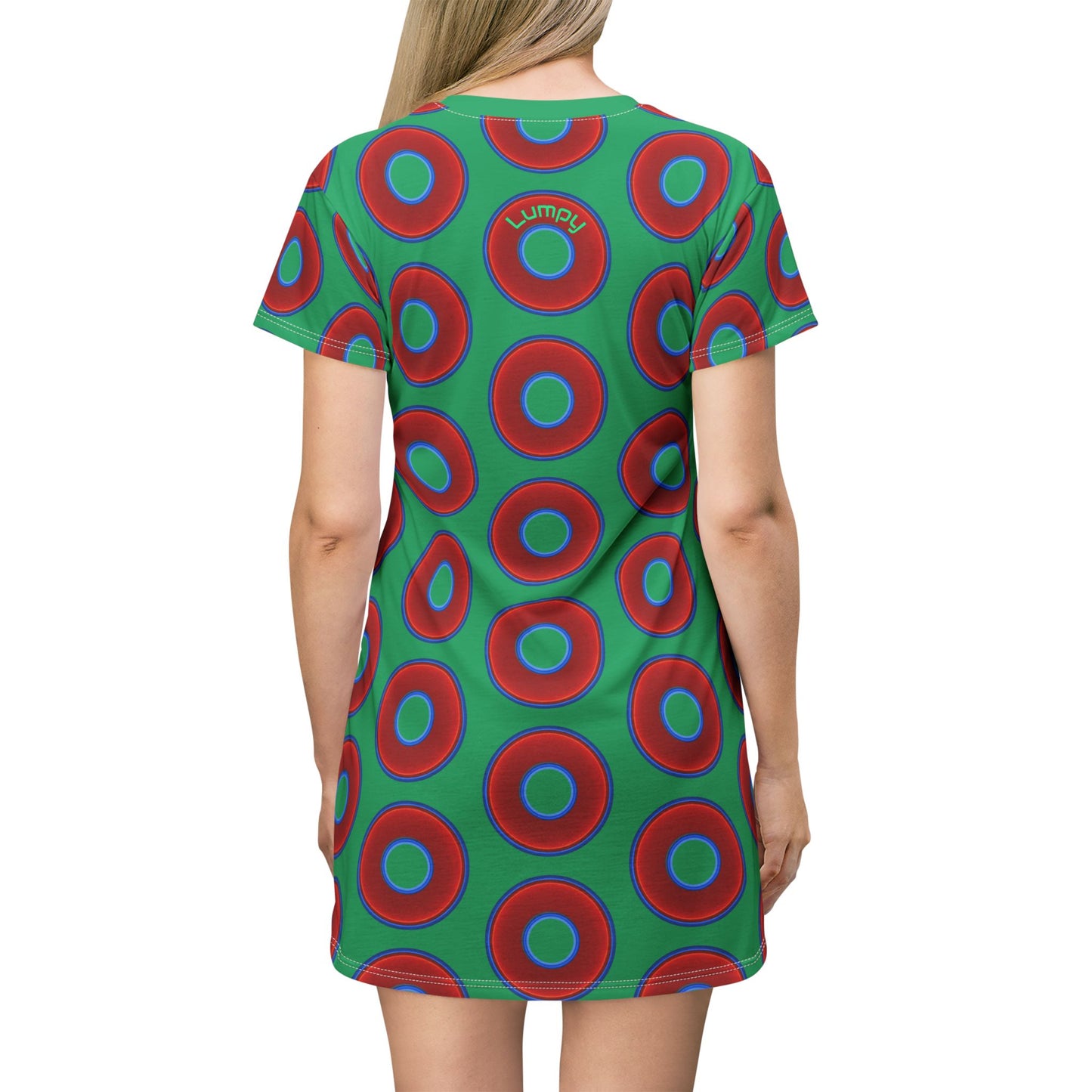 Not a Muumuu AOP Tee Shirt Dress - red vivid donuts w/jade green background