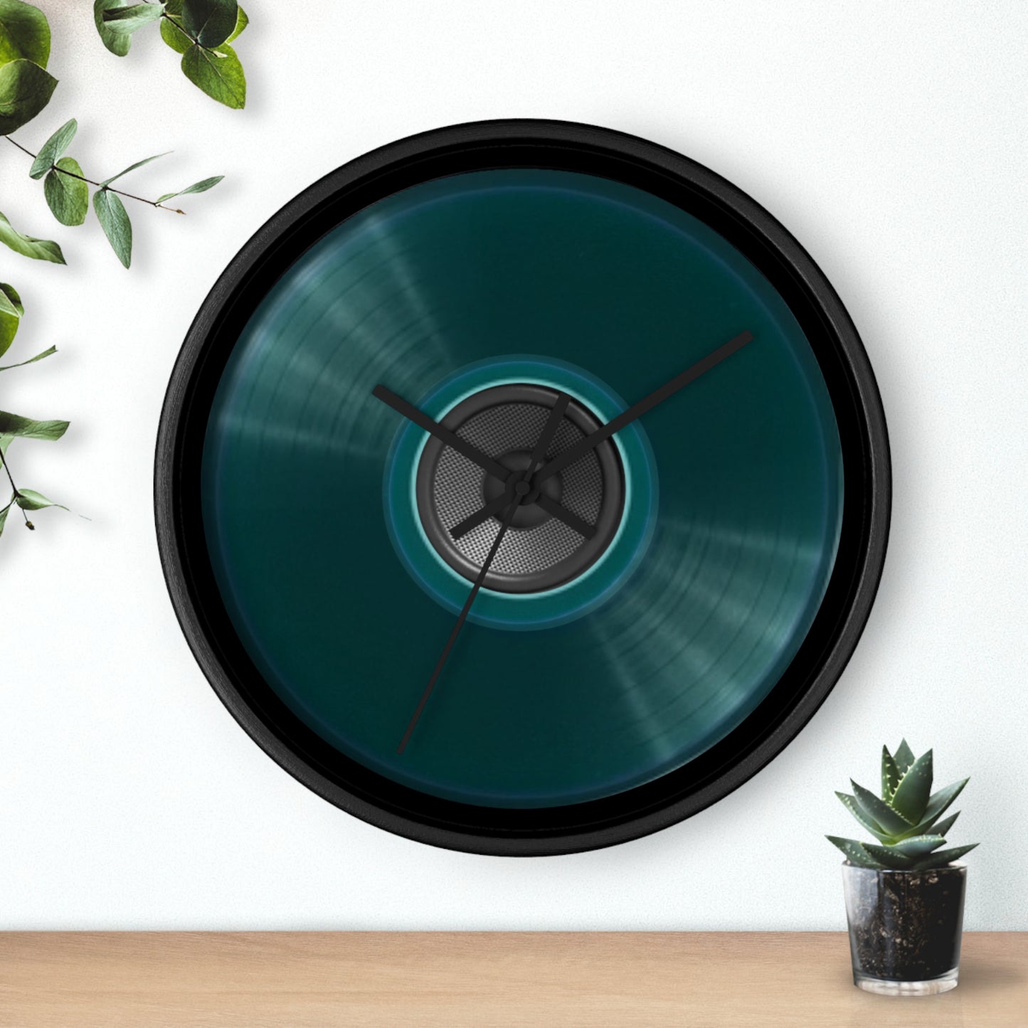 Lumpy Wall Clock - "Record/Speaker Donut" vivid dark teal donut w/black background