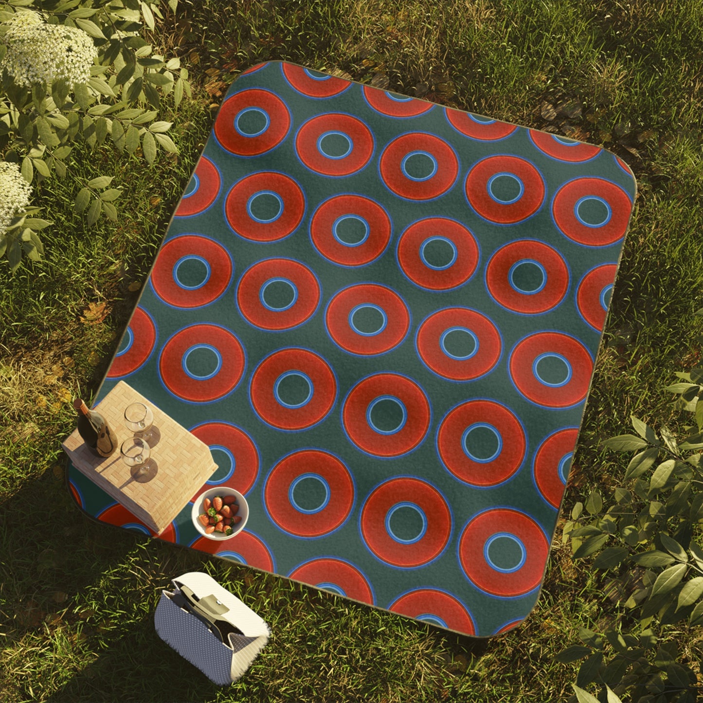 The Lumpy Party Blanket - giant water-resistant outdoor blanket [61" x 51"] - vivid red donuts w/midnight green background