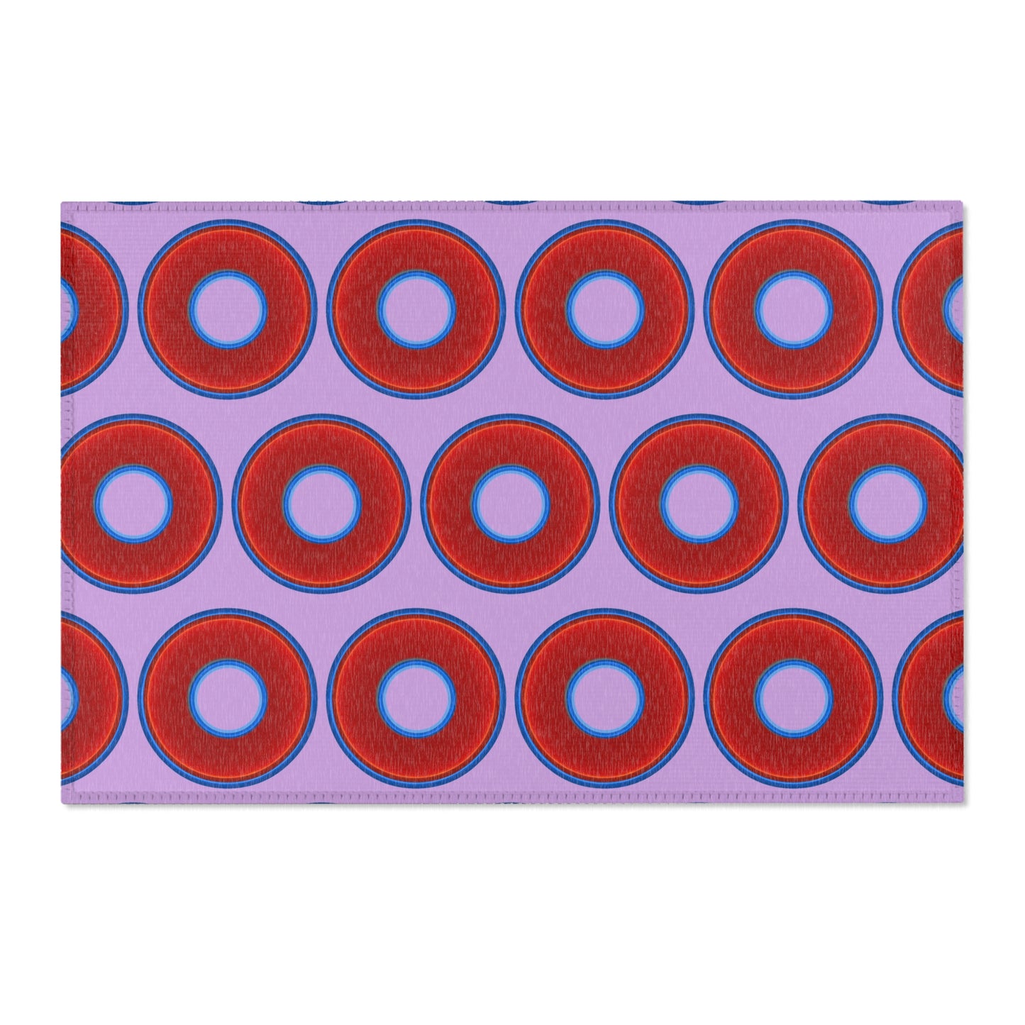 Lumpy Donut Print Rug - choice of 3 sizes - vivid red donut print w/wisteria purple background