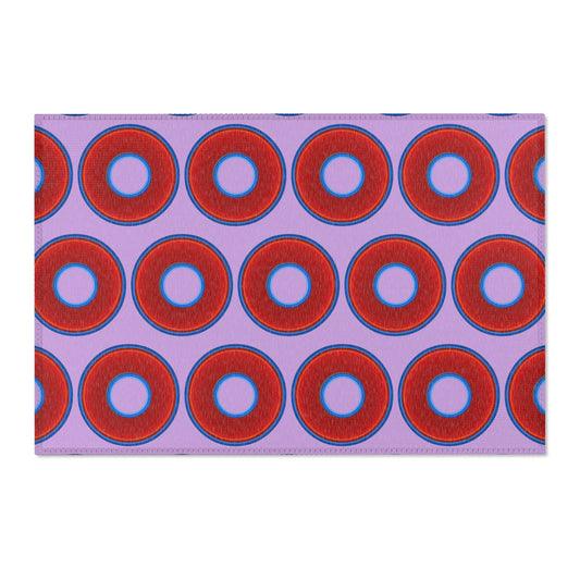 Lumpy Donut Print Rug - choice of 3 sizes - vivid red donut print w/wisteria purple background