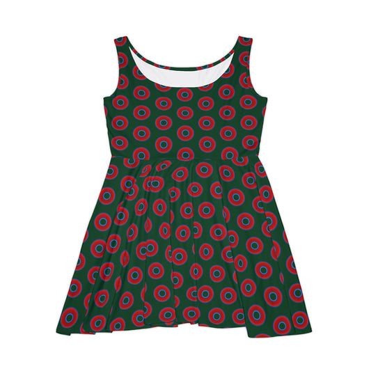 Women's Skater Donut Dress - vivid red donut print w/deep pond green background