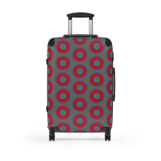 The Very Lumpy Donut Suitcase series - your choice of S, M or L - vivid red donut print w/dark gray background