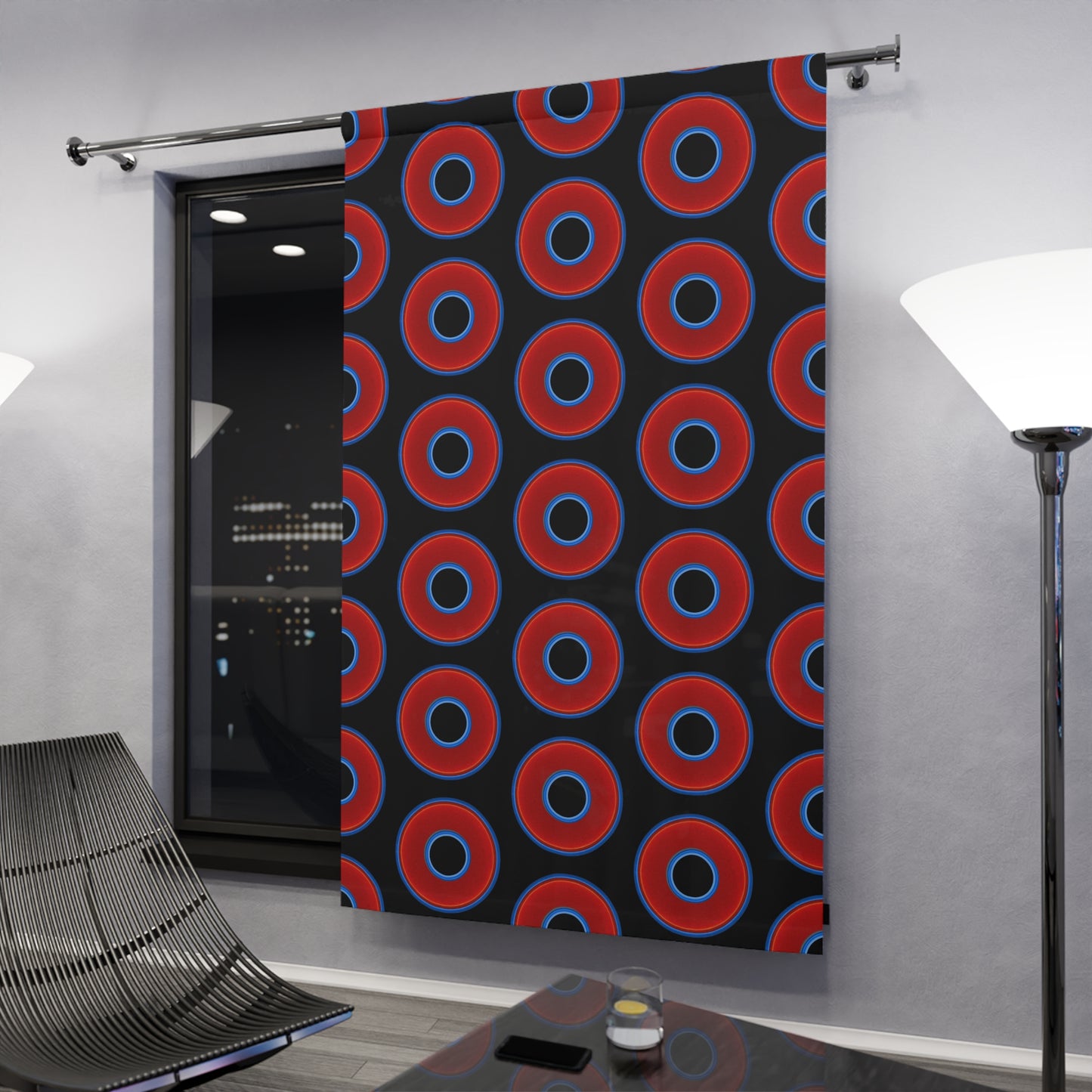 Lump's Heady Curtain w/Donuts - vivid red donut print - w/black background - [*1 Piece / 50" x 84"]