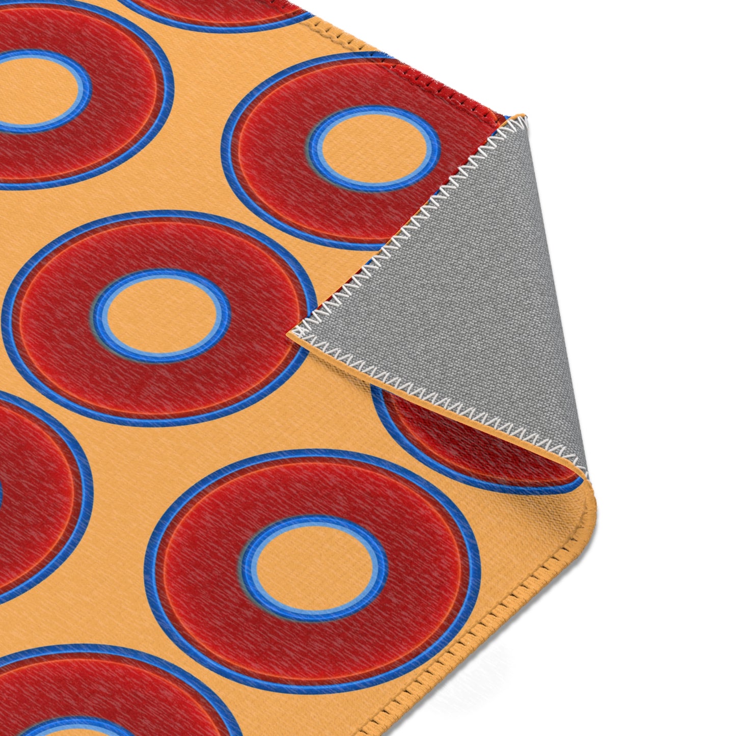 Lumpy Donut Print Rug - choice of 3 sizes - vivid red donut print w/creamsicle orange background