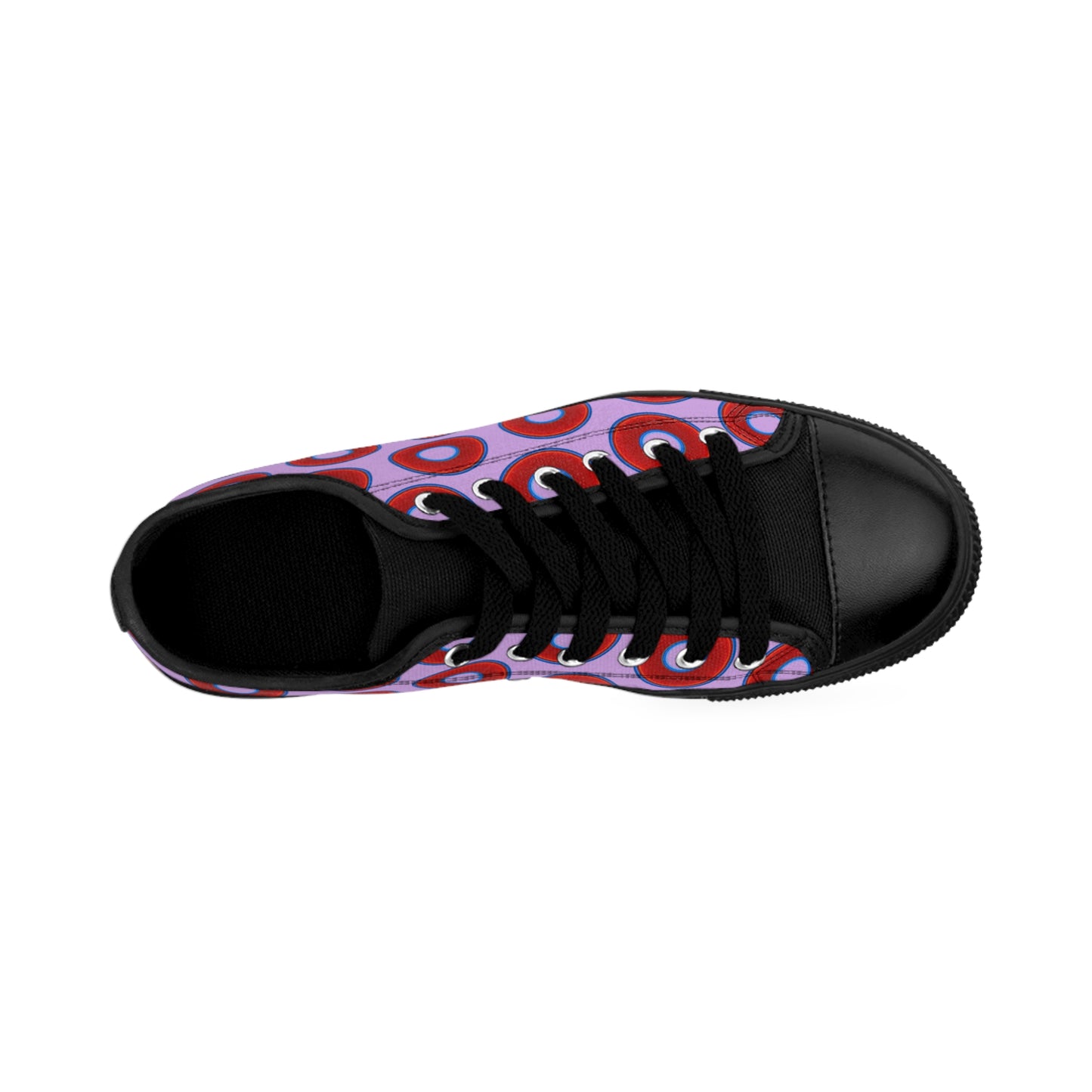 Women's Cushiony Convectors - Low Top - large red vivid donut print w/wisteria purple background