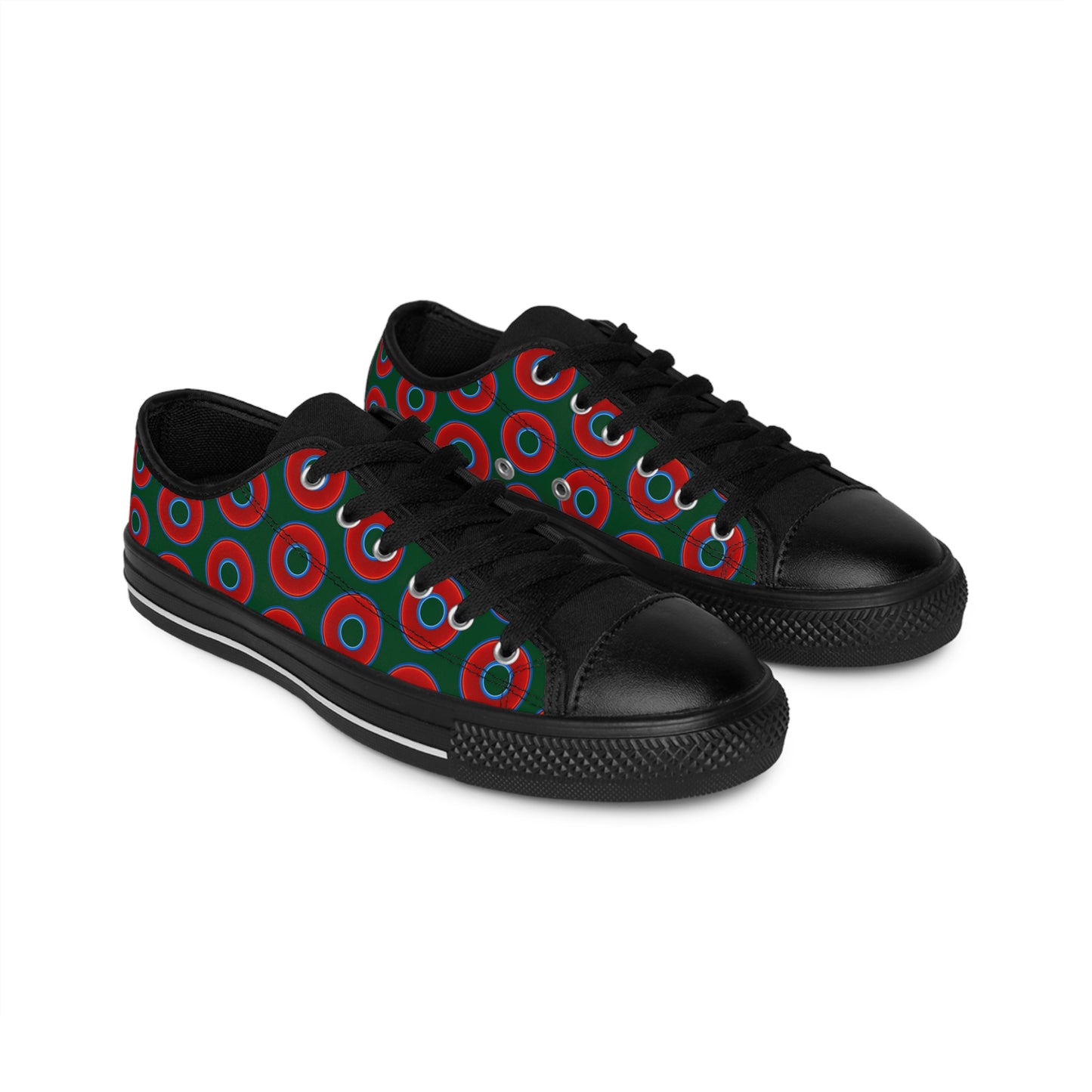 Men's Cushiony Convectors - Low Top - large red vivid donut print w/deep pond green background