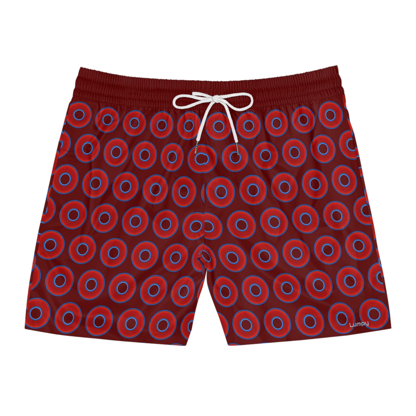 Men's Lumpy Swim Trunks - vivid red donut print w/dark red background