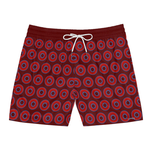 Men's Lumpy Swim Trunks - vivid red donut print w/dark red background