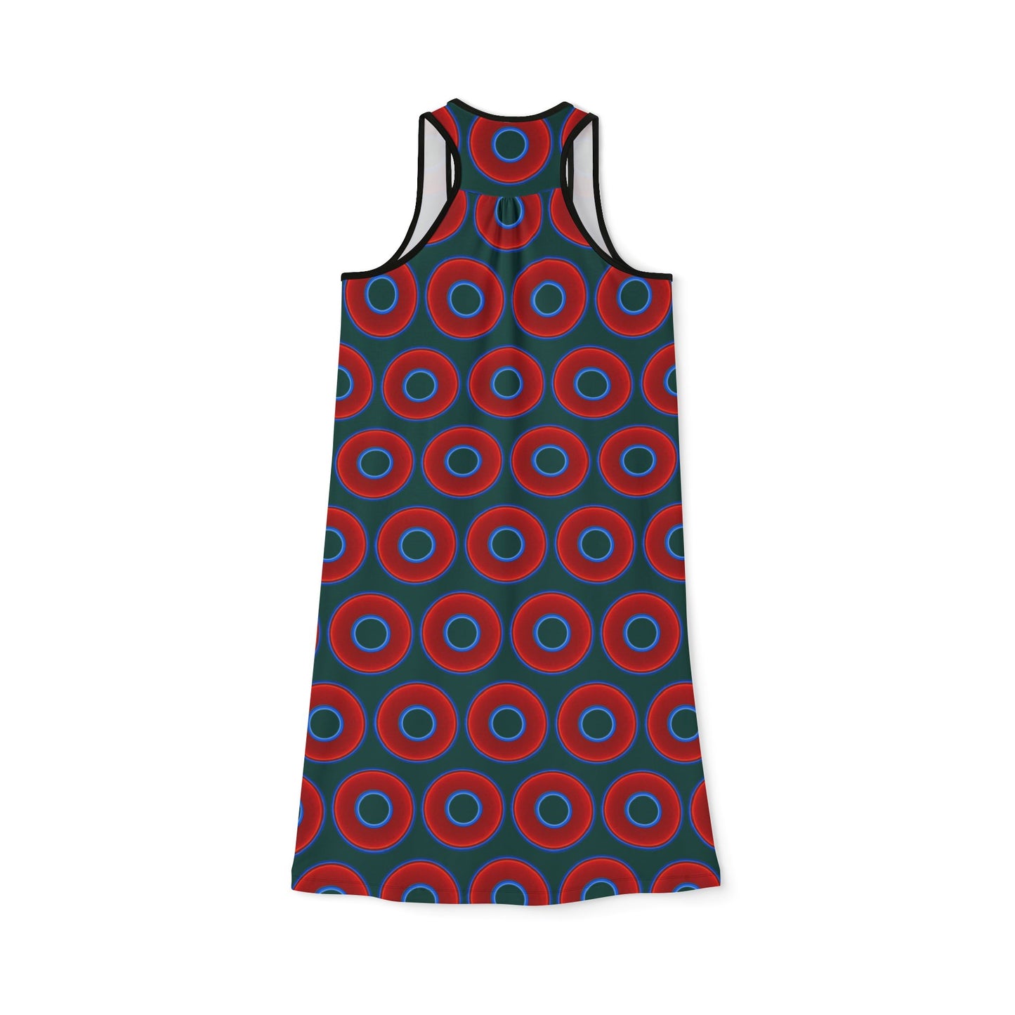 Tela's Lumpy Racerback Donut Dress - red vivid donut print w/dark Fenway green background