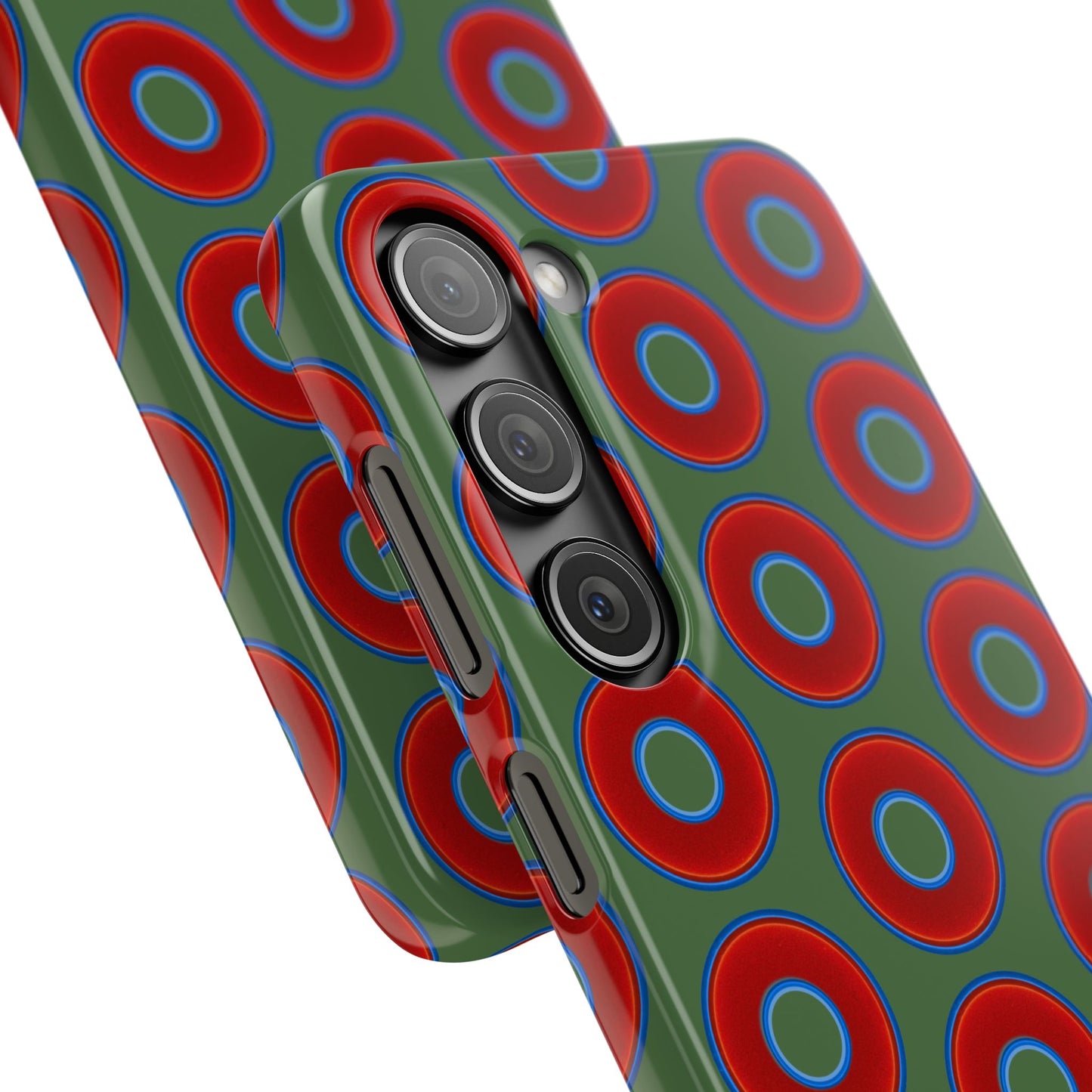 Lumpy Donut Snap Case - red vivid donut print w/dark green background