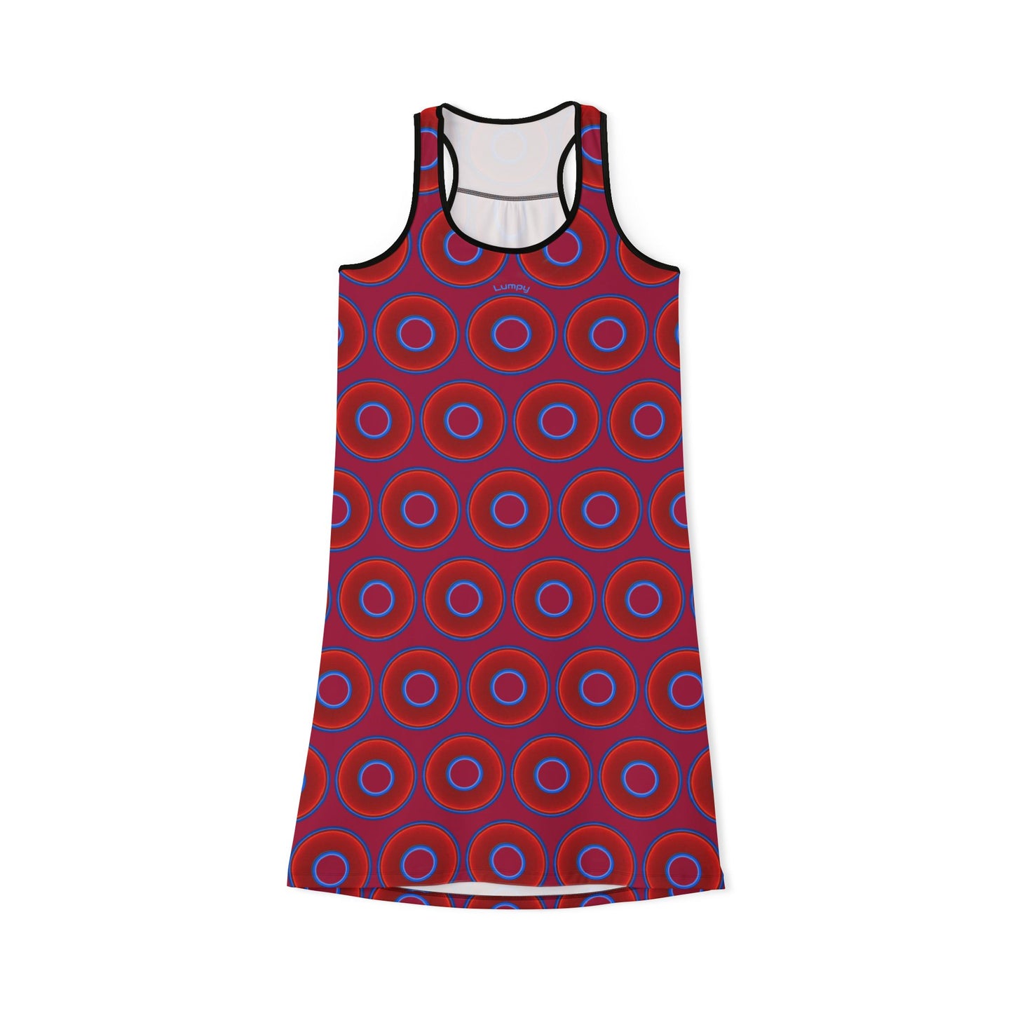 Tela's Lumpy Racerback Donut Dress - red vivid donut print w/dark magenta background