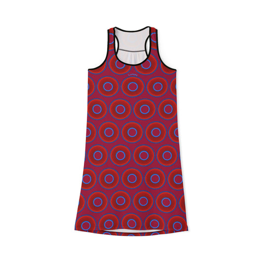 Tela's Lumpy Racerback Donut Dress - red vivid donut print w/dark magenta background