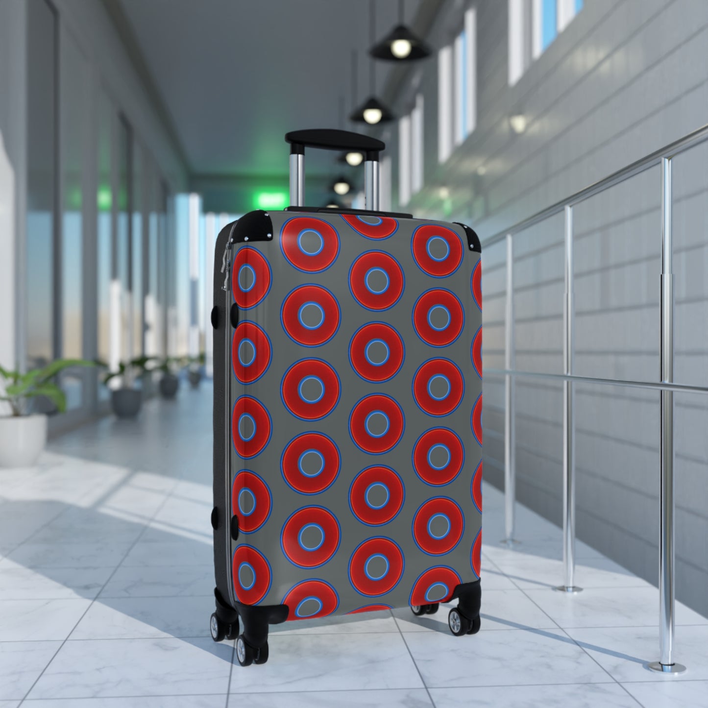 The Very Lumpy Donut Suitcase series - your choice of S, M or L - vivid red donut print w/gray background