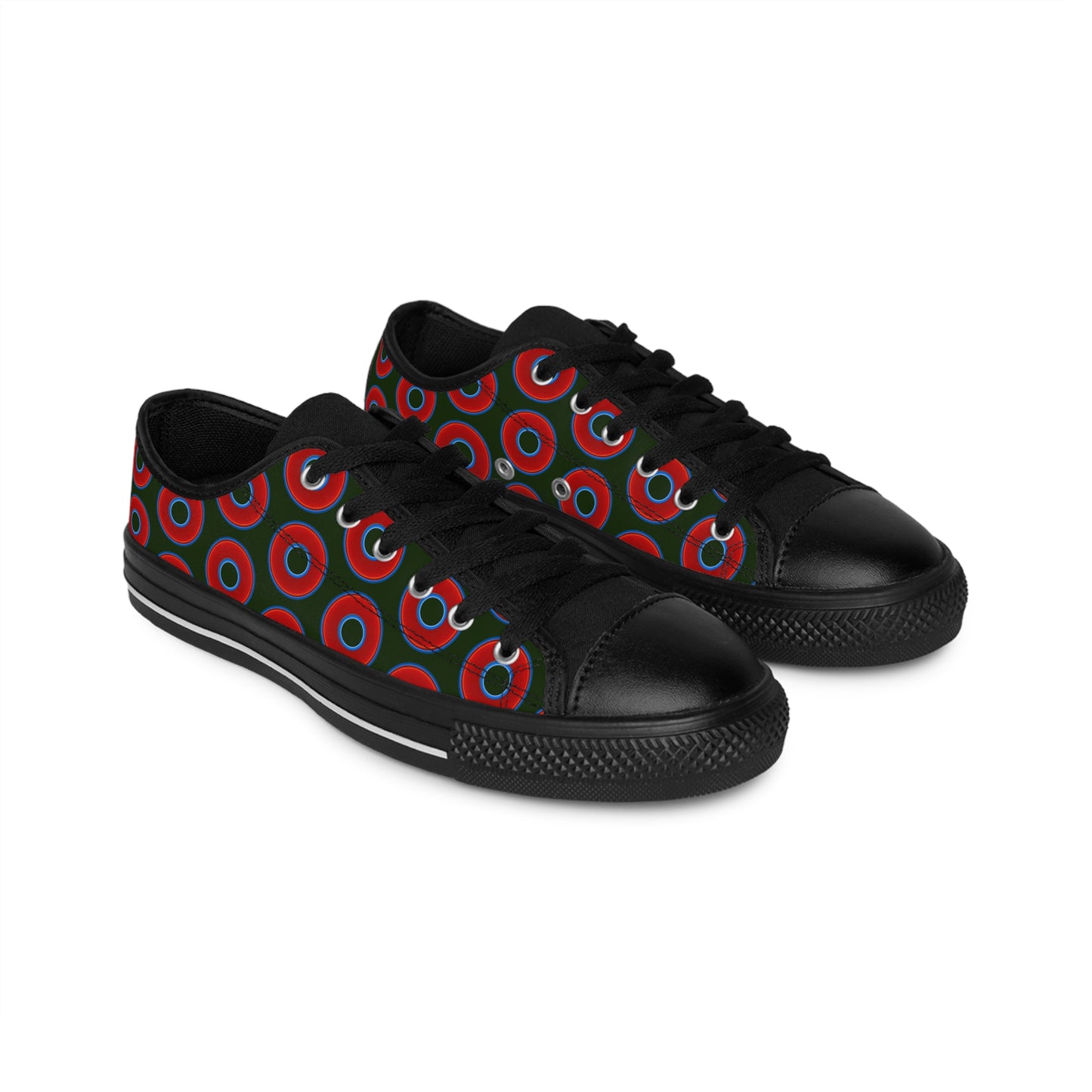 Men's Cushiony Convectors - Low Top - large red vivid donut print w/deep forest green background